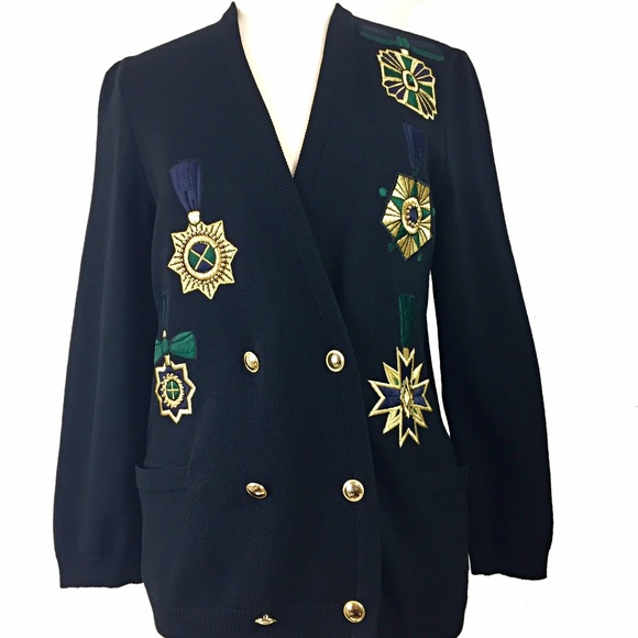 Escada Sweaters - Vintage Escada Black Wool Embroidered Military Inspired Button Front Cardigan